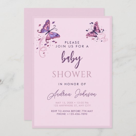 ピンクかわいらし紫色の蝶の赤ちゃんシャワーパーティー 招待状 (正面/裏面)
