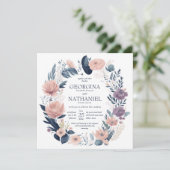 ピンクかわいらし色のネイビー紫のフローラの結婚葉 招待状 (スタンド正面)