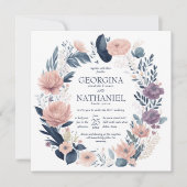 ピンクかわいらし色のネイビー紫のフローラの結婚葉 招待状 (正面)