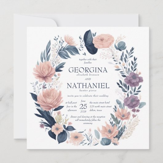 ピンクかわいらし色のネイビー紫のフローラの結婚葉 招待状 (正面)