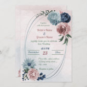 ピンクかわいらし色のフローラの緑の幾何結婚的な 招待状 (正面/裏面)