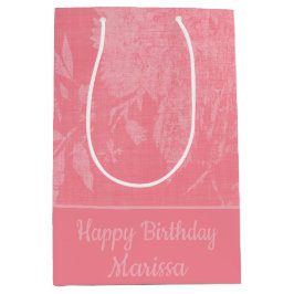 ピンクかわいらし色のフローラ背景 ミディアムペーパーバッグ