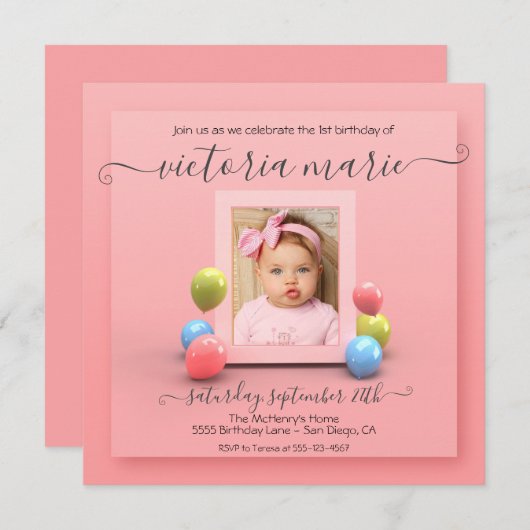 ピンクかわいらし色の最初の誕生日フォトバルーン 招待状 (正面/裏面)