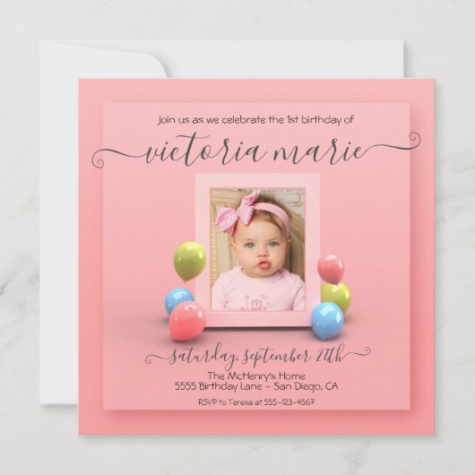 ピンクかわいらし色の最初の誕生日フォトバルーン 招待状 (正面)