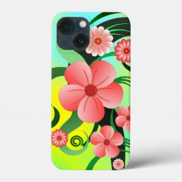 ピンクかわいらし色の熱帯ハイビスカスフローラ装飾 iPhone 13 MINIケース