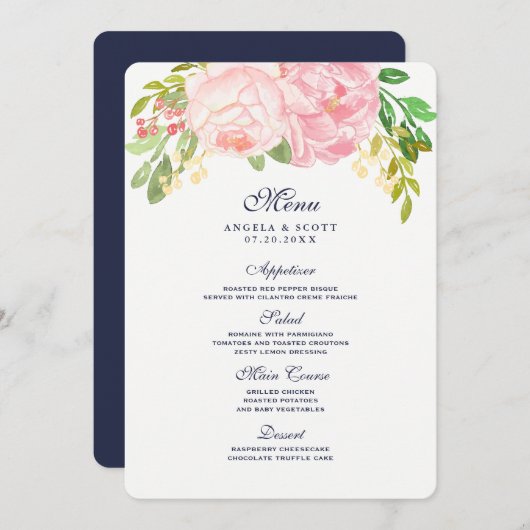 ピンクかわいらし色の牡丹のメニューカード(5 x 7) メニュー (正面/裏面)