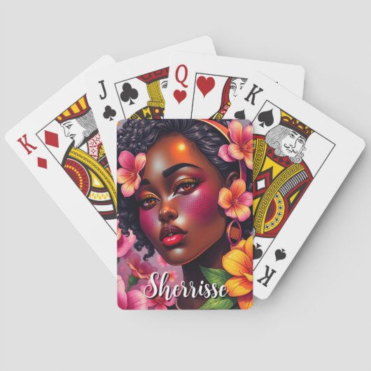 ピンクかわいらし色の花のパーソナライズされた女性 トランプ (裏面)