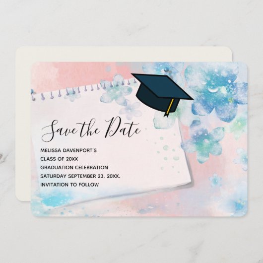 ピンクかわいらし色の花を背景に卒業 セーブザデート (正面/裏面)