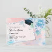 ピンクかわいらし色の花を背景に卒業 招待状 (スタンド正面)