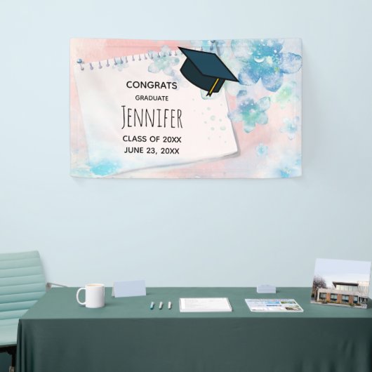 ピンクかわいらし色の花を背景に卒業 横断幕 (トレードショー)