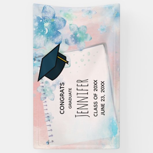 ピンクかわいらし色の花を背景に卒業 横断幕 (縦)