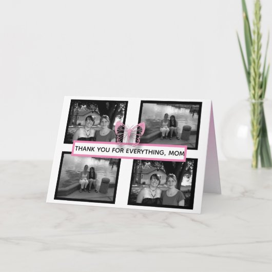 ピンクかわいらし色の蝶と写真マザーズデイ カード (正面)