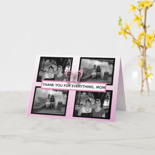 ピンクかわいらし色の蝶と写真マザーズデイ カード (黄色い花)