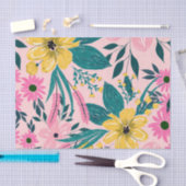 ピンクかわいらし色の黄色い花フローラ 薄葉紙 (クラフト)