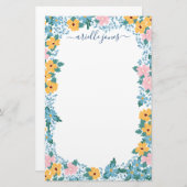 ピンクかわいらし色の黄色い青い花枠 便箋 (正面/裏面)