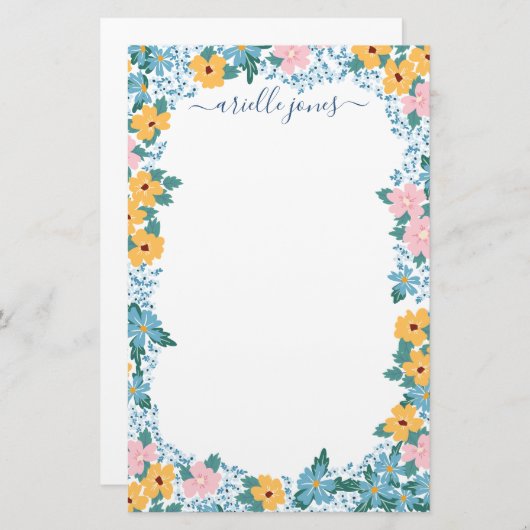 ピンクかわいらし色の黄色い青い花枠 便箋 (正面/裏面)