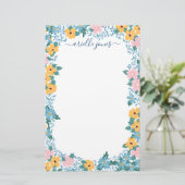 ピンクかわいらし色の黄色い青い花枠 便箋 (スタンド正面)