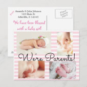 ピンクかわいらし色「私たちは親だ」誕生のお知らせ 案内ポストカード (正面/裏面)