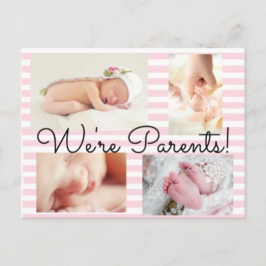 ピンクかわいらし色「私たちは親だ」誕生のお知らせ 案内ポストカード (正面)