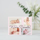ピンクかわいらし色「私たちは親だ」誕生のお知らせ 案内ポストカード (スタンド正面)