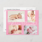 ピンクかわいらし色「私たちは親だ」誕生のお知らせ 案内ポストカード (正面/裏面)