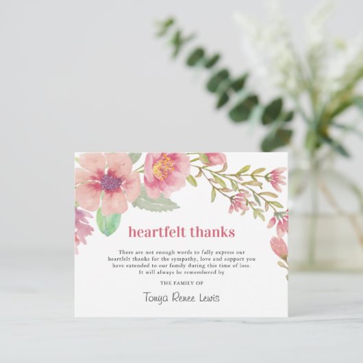 ピンクかわいらし花模様 |葬儀 サンキューカード (スタンド正面)