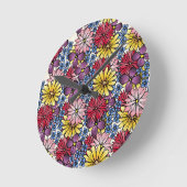 ピンクかわいらし薄紫ブルーレッドワイルドフラワーイラストレーション ラウンド壁時計 (傾斜)