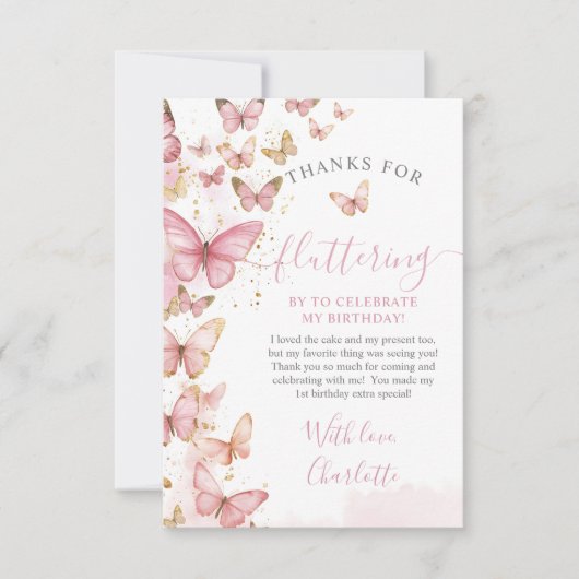 ピンクかわいらし蝶ガール1st最初の誕生日 サンキューカード (正面)