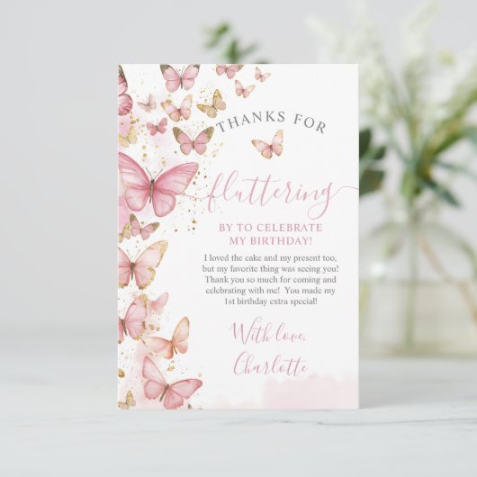 ピンクかわいらし蝶ガール1st最初の誕生日 サンキューカード (スタンド正面)