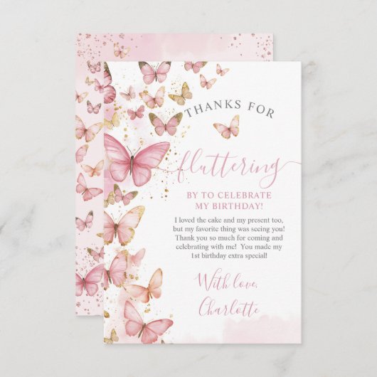 ピンクかわいらし蝶ガール1st最初の誕生日 サンキューカード (正面/裏面)