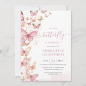 ピンクかわいらし蝶ガール1st最初の誕生日 招待状 (正面)