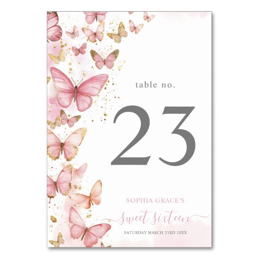 ピンクかわいらし蝶スイーツ16カンス誕生日 テーブルナンバー (正面)