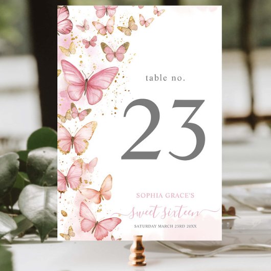 ピンクかわいらし蝶スイーツ16カンス誕生日 テーブルナンバー