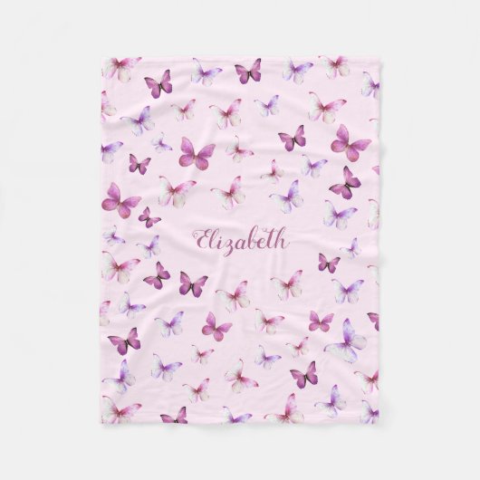 ピンクかわいらし蝶名前をカスタムするガール フリースブランケット (正面)