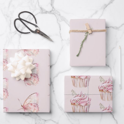 ピンクかわいらし蝶誕生日 ラッピングペーパーシート (正面)