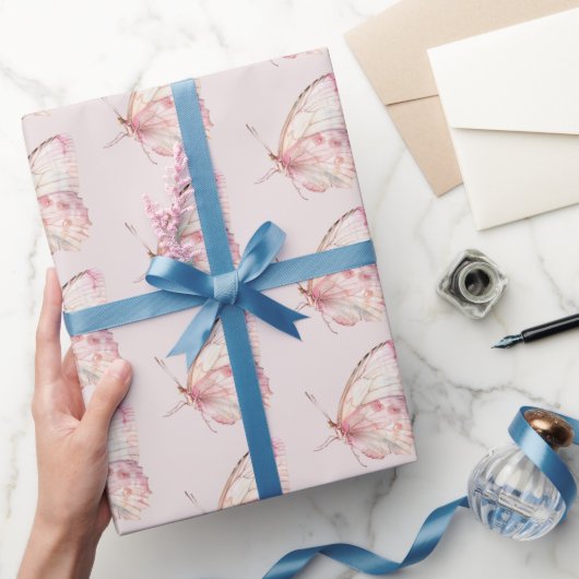 ピンクかわいらし蝶誕生日 ラッピングペーパー (ギフト)