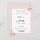 ピンクかわいらし蝶誕生日 招待状 (正面/裏面)