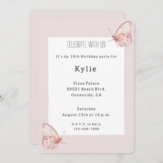 ピンクかわいらし蝶誕生日 招待状 (正面/裏面)