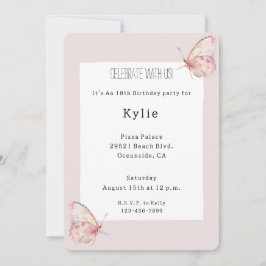 ピンクかわいらし蝶誕生日 招待状