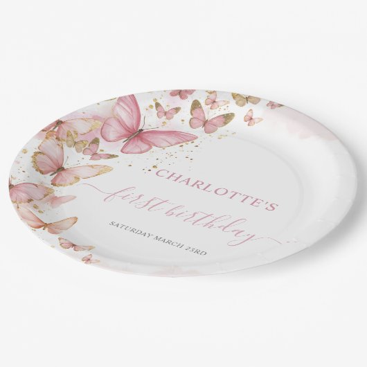 ピンクかわいらし蝶12日23日5誕生日 ペーパープレート (アングル)