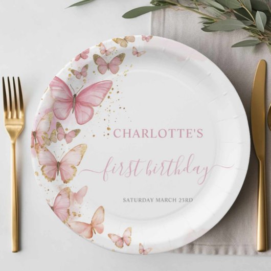 ピンクかわいらし蝶12日23日5誕生日 ペーパープレート