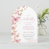ピンクかわいらし蝶1st第1誕生日アーチ 招待状 (スタンド正面)