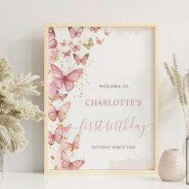 ピンクかわいらし蝶1st第1誕生日歓迎 ポスター