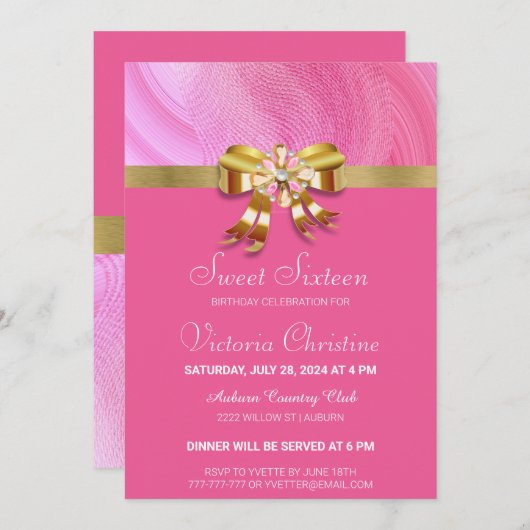 ピンクかわいらし誕生日招待状 招待状 (正面/裏面)