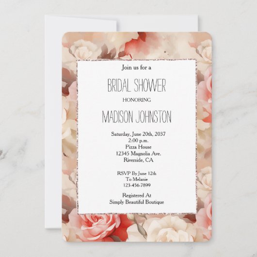 ピンクかわいらし赤面クリームバラフローラブライダルシャワー 招待状 (正面)