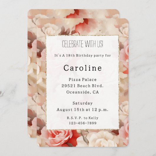 ピンクかわいらし赤面クリームバラフローラ誕生日 招待状 (正面/裏面)