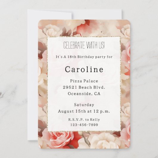 ピンクかわいらし赤面クリームバラフローラ誕生日 招待状 (正面)