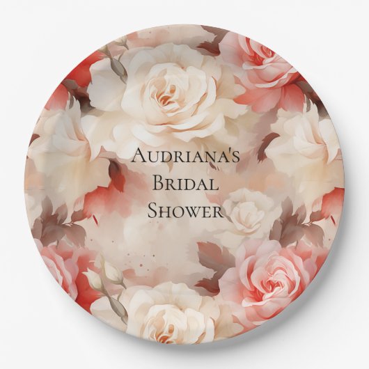 ピンクかわいらし赤面クリームフローラブライダルシャワー ペーパープレート (正面)