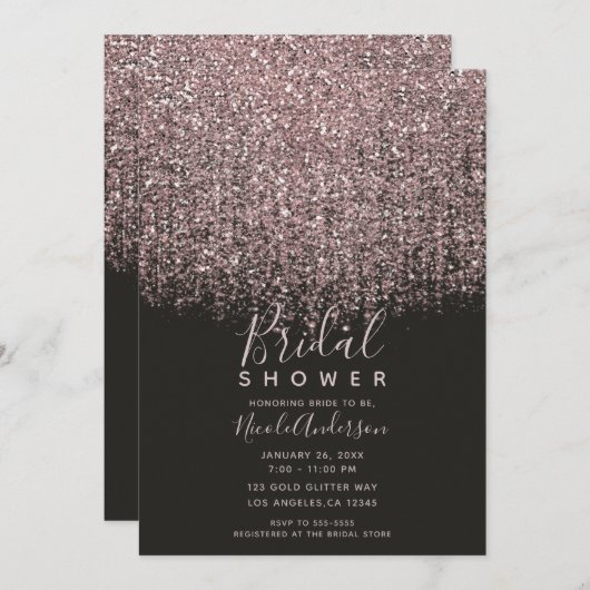 ピンクかわいらし赤面グリッターブラックブライダルシャワー 招待状 (正面/裏面)