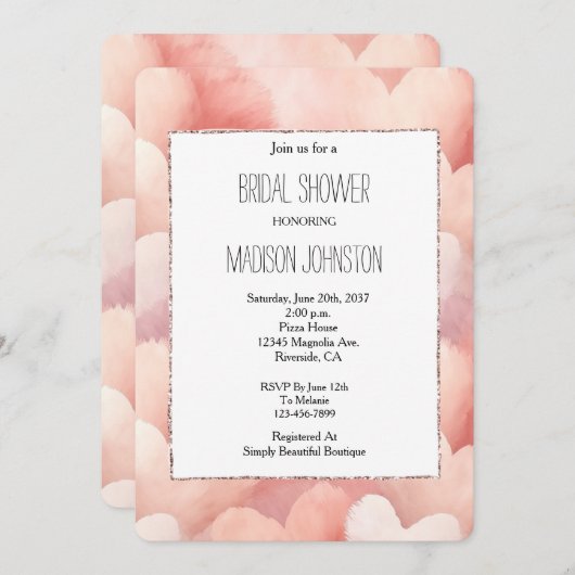ピンクかわいらし赤面ハートブライダルシャワー 招待状 (正面/裏面)
